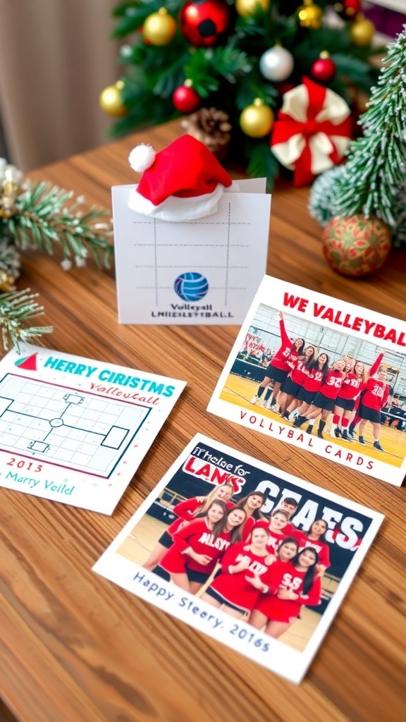 A display of creative volleyball-themed Christmas cards with festive designs on a wooden table.